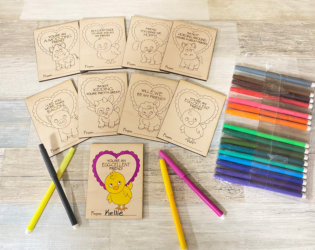 Valentines Color Your Own Cards Farm Animals